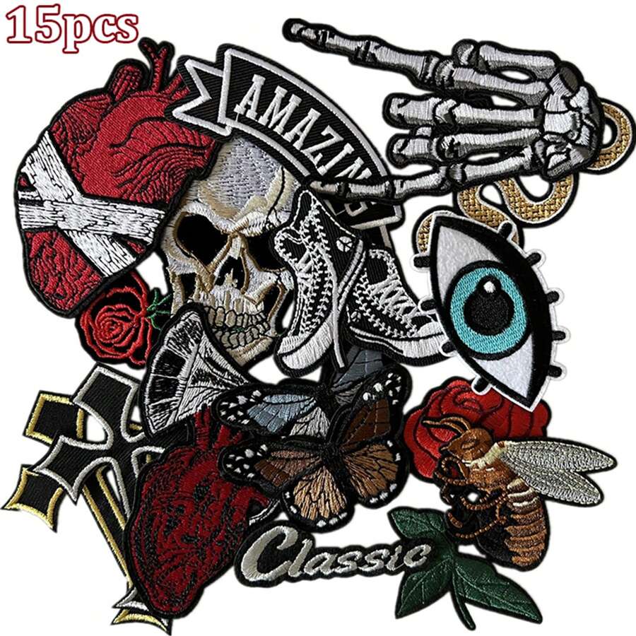 15Pcs Dark Style1 Embroidered Applique Iron On Patches For Backpacks, Rock Band Patches For Jackets, Cool Sew Patch For Clothing, Jeans, Hats, DIY Accessories