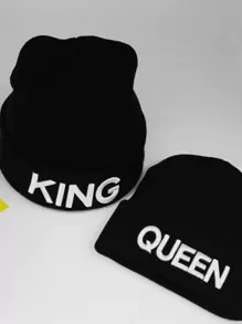 2pcs Black Unisex Knitted Hat With 'queen' And 'king' Embroidery, Ear Protection, Winter Street