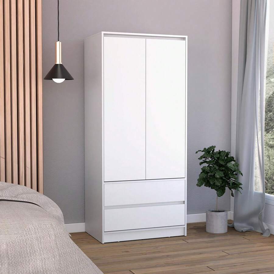 Austin 2 Drawers Armoire, Double Door, Hanging Rod - White - View 1