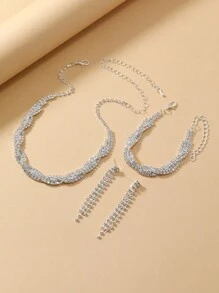 1套時尚優雅新娘派對三件套珠寶套裝，包括耳環、項鍊和手鐲 - 銀色 - 查看 5