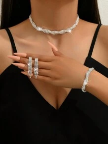 1套時尚優雅新娘派對三件套珠寶套裝，包括耳環、項鍊和手鐲 - 銀色 - 查看 1