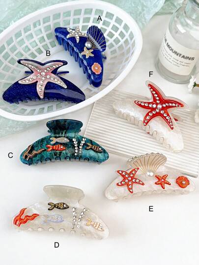 Lobaba 1pc Acetate Creative Dreamy Girl Bohemian Style Ocean Element Seashell Starfish Fish Inlaid Rhinestone Sweet Cool Fairy Half Circular Hair Claw Claw Clips Hair Clips Hair Jaw Clip Hair Clamps Hair Clutch Hair Catcher Clip, School Stuff, College Fall Winter Hair Accessories For Women For Vacation Outfits Woman