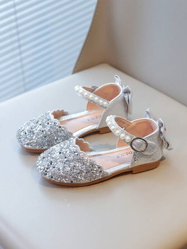 Girls' Spring/Autumn Crystal Bow Pearl Wedding Celebration Stage Flat Soft Bottom Dance Shoes With Hook And Loop Closure