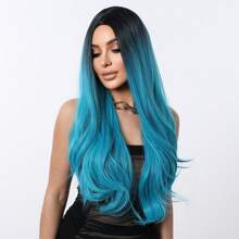 Peluca sintética de 26 pulgadas para fiesta con cabello azul aguamarina degradado, ondulado, con raya al medio, elegante, romántica y sencilla para uso diario, fiestas, vacaciones, Navidad, Halloween u ocasiones especiales. Resistente al calor. - Azul degradado - Ver 6