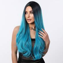 Peluca sintética de 26 pulgadas para fiesta con cabello azul aguamarina degradado, ondulado, con raya al medio, elegante, romántica y sencilla para uso diario, fiestas, vacaciones, Navidad, Halloween u ocasiones especiales. Resistente al calor. - Azul degradado - Ver 4