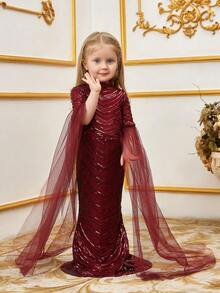 Vestido formal para niña con lentejuelas en forma de cola de pez, cuello alto y mangas extralargas - Burdeos - Ver 3