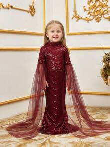 Vestido formal para niña con lentejuelas en forma de cola de pez, cuello alto y mangas extralargas - Burdeos - Ver 1