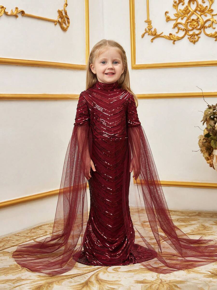 Vestido formal para niña con lentejuelas en forma de cola de pez, cuello alto y mangas extralargas - Burdeos - Ver 1