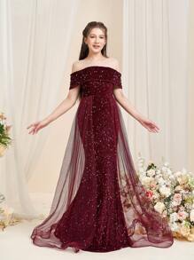 Teen Girl Sparkling Mermaid Tail Party Dress With Off Shoulder Design - Burgundy - View 5