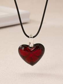 1pc Vintage Bohemian Style Red Glass Heart Pendant On Black Adjustable Leather Cord Necklace, Valentine's Gift Valentines,Mom,Mother,Mother's Day,Gift
