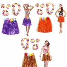 Gonna d'erba hawaiana e ghirlande hawaiane, Braccialetto, Fascia e Collana hawaiana, Costumi di gonne Luau di Hawaii, Vestito elegante, Per donne e adulti per la decorazione estiva delle feste tropicali sulla spiaggia - Multicolore - Visualizzare 1