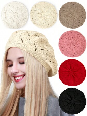 2pcs/1pc Women Knitted Hollow-Out Solid Beanie, Fashion Casual Versatile Cap