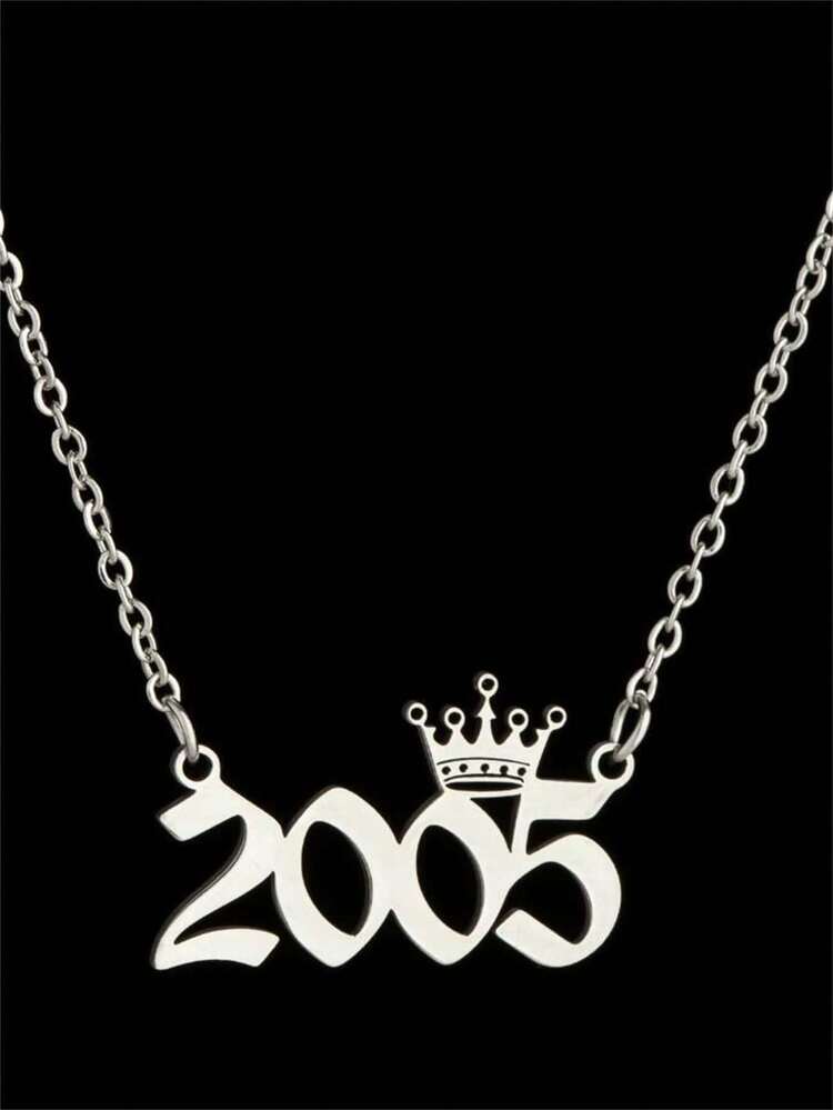 1pc Stainless Steel Crown Year Number Necklace, Unisex Memorial Date Pendant, Birth Year, Anniversary & Wedding Year Jewelry, Daily Wear Gift - Silver - View 9