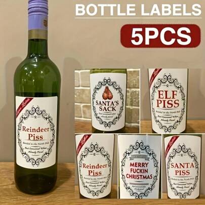 5pcs Funny Wine Labels For Bottles, Christmas Wine Bottle Label Stickers, Novelty Joke Bottle Labels, Funny Joke Happily Wine Bottle Label For Party Christmas,Christmas Gifts,Merry Christmas