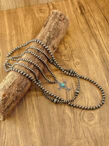 1pc Women's Cross Long Necklace, Zinc Alloy Cross Inlaid With Turquoise, Western Country Style Faux Pearl Necklace, Three-Layer Stacked Necklace, Women's Fashion Jewelry, Bohemian Retro Style Long Necklace, Western Fashion Women's Multi-Layer Necklace, Suitable For Daily Wear Or Holiday Gift Giving