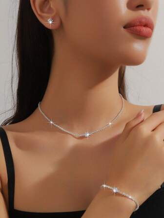1 pieza Collar de mujer con rhinestones, 1 pieza de aretes con rhinestones claros y 1 pieza pulsera tipo tenis con rhinestones, accesorios de moda y versátiles para ocasiones formales