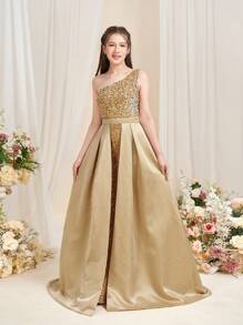 Teen Girl One Shoulder Sequin Splice Satin Party Prom Dress With Train - Champagne - View 3