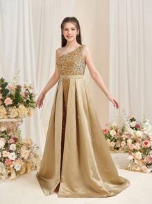 Teen Girl One Shoulder Sequin Splice Satin Party Prom Dress With Train - Champagne - View 5