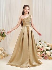 Teen Girl One Shoulder Sequin Splice Satin Party Prom Dress With Train - Champagne - View 1