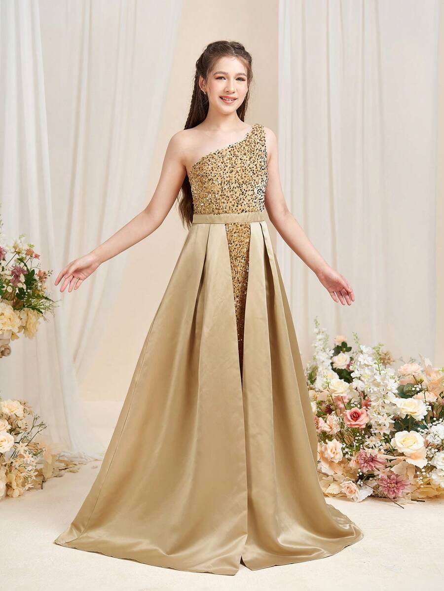 Teen Girl One Shoulder Sequin Splice Satin Party Prom Dress With Train - Champagne - View 1