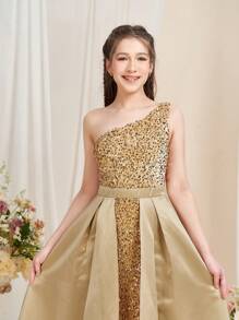 Teen Girl One Shoulder Sequin Splice Satin Party Prom Dress With Train - Champagne - View 6