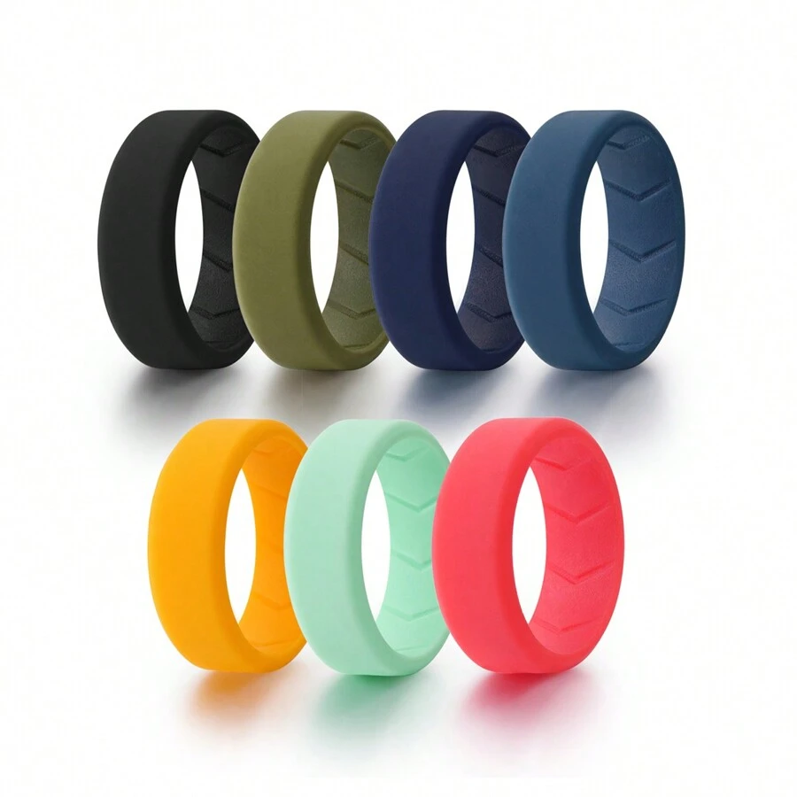 7 Pack Breathable Silicone Rings For Men, US Size 7-15, 8mm Wide Flexible Rubber Wedding Bands For Him, Comfort Fit Sport Finger Rings, Active Lifestyle Jewelry - Multicolor - View 1