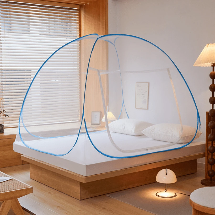 Lưới chống muỗi cho giường đôi, Màn chống muỗi cho giường đơn, Thiết kế hình trái tim, Kích thước lớn có thể gập lại, Lưới chắc chắn bằng polyester 30GSM, Dây thép chống ăn mòn bọc nhựa PVC - Màu xanh lam - Xem 1