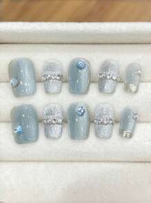 10 件短棺材形状冰镜蓝色玻璃珠极光猫眼极简爆炸美甲套装，日常佩戴和约会按压指甲美甲用品指甲 - 彩色 - 查看 7