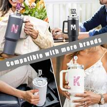 4Pcs Designed For Cup Accessories 30&40 Oz, 2Pcs Silicone Straw Cover, Initial Name ID Letter Handle Charm, Glitter Rhinestone Alphabet Self-Adhesive Letter, Sweet Lovely Personalized A-Z Initial Name ID Charm(Silver) - White - View 2