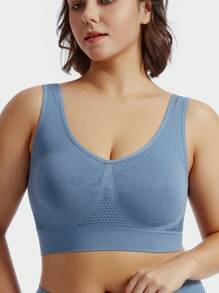 網眼設計無鋼圈透氣單色運動胸罩 - 藍色 - 查看 4