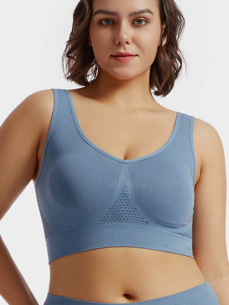 網眼設計無鋼圈透氣單色運動胸罩 - 藍色 - 查看 1