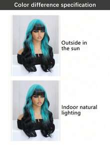 Ombre Blue Body Wave Wig With Bangs For Woman Wear And Go Glueless Long Wave Heat Turquoise Resistant Synthetic Hair 24 Inch - Teal Blue - View 8