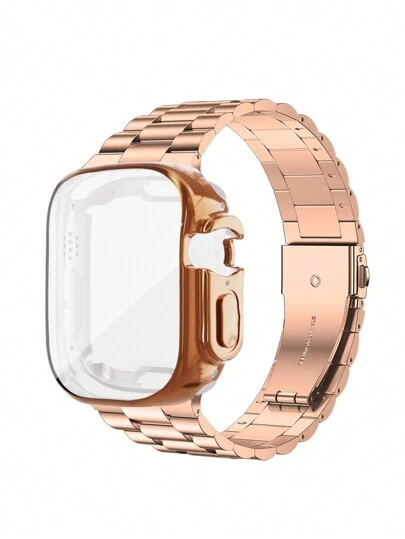 2st Fashionabla damklockaband + klockfodral Rose Gold Metal Band i rostfritt stål och TPU Mjukt skärmskydd Fullt skydd Klockskydd Lämplig för Watch Ultra 2 1 SE S9/8/7/6/5/4/3/2/1 Series Herr Dam Party Business Present SmartWatch 38/40/41mm 42/494/45 Tillbehör sommar 42/494/45, Nya Ar25