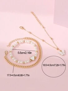 Set de 3 collares con colgante de mariposa y corazón, con cuentas de perlas falsas, y pulsera personalizada para niños