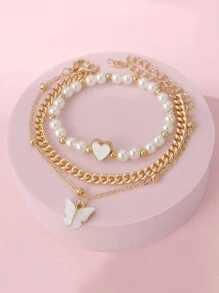 Set de 3 collares con colgante de mariposa y corazón, con cuentas de perlas falsas, y pulsera personalizada para niños