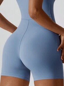 MASKERT 女款瑜伽連身褲 短袖運動連身褲 親膚高彈性連身褲 - 霧霾藍 - 查看 4