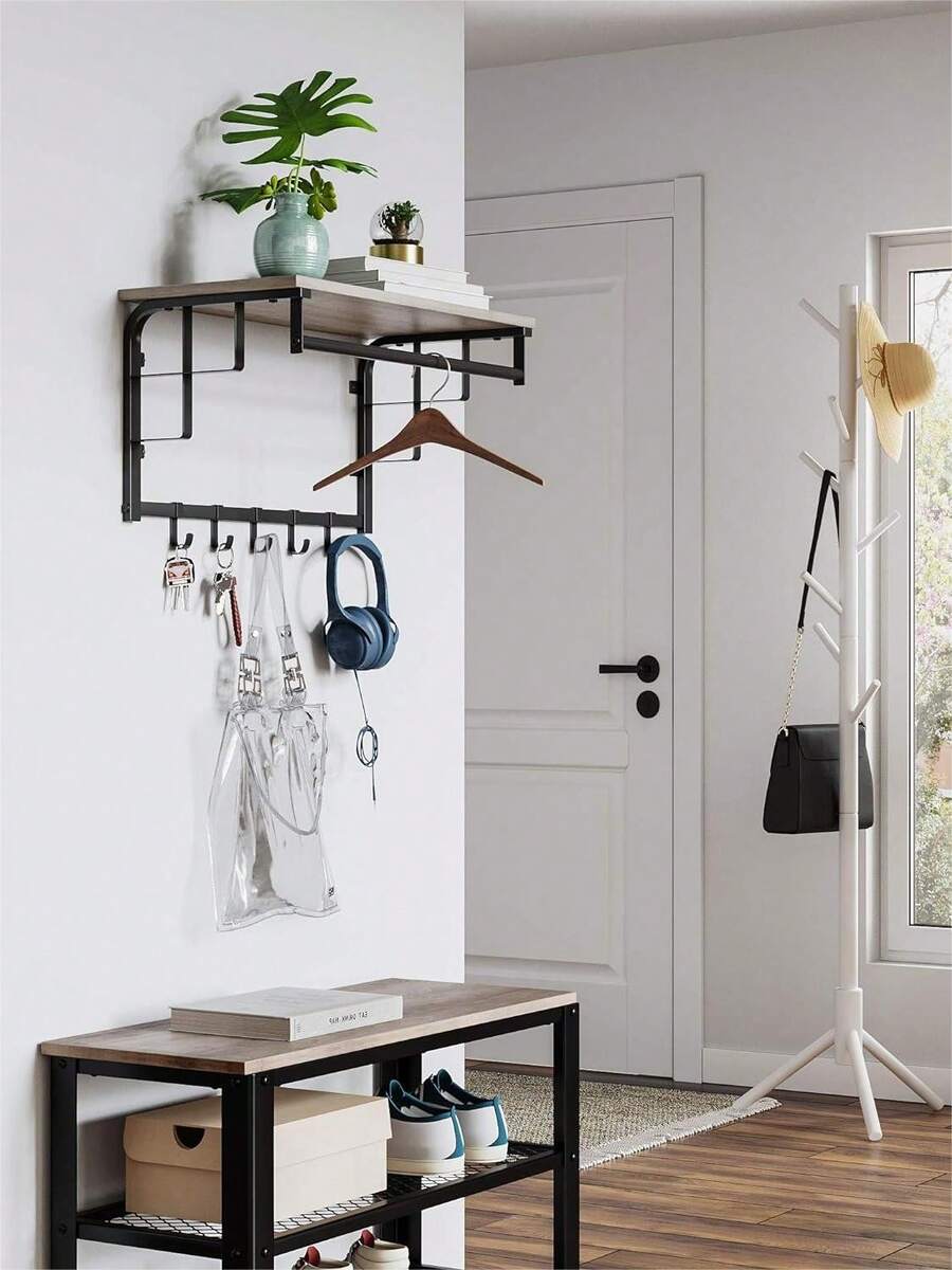 VASAGLE Schuhbank, Wandgarderobe, Schuhregal mit Sitzfläche und 2 Ablagen, Wandregal mit Kleiderstange und 5 abnehmbaren Haken, für Flur, Schlafzimmer, Wohnzimmer - Grau - Übersicht 1