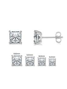 1 Par De Aretes De Pasador Cuadrados De Plata Esterlina 925 Puros Con Diamantes De Imitación Brillante Y De Corte Princesa 5a, Joyería De Compromiso Diaria Para Mujeres Y Niñas, Accesorios De Regalos De Joyería