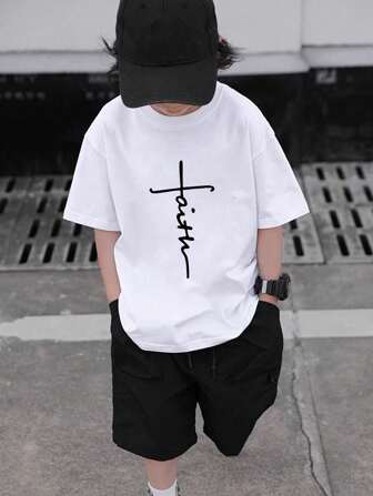 Tween Boy Casual Print White Round Neck Pullover Short Sleeve T-Shirt, Summer Top