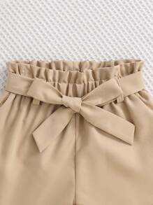 Young Girl Summer Letter Print Short Sleeve T-Shirt And Paper Bag Waist Belted Shorts Casual Outfit