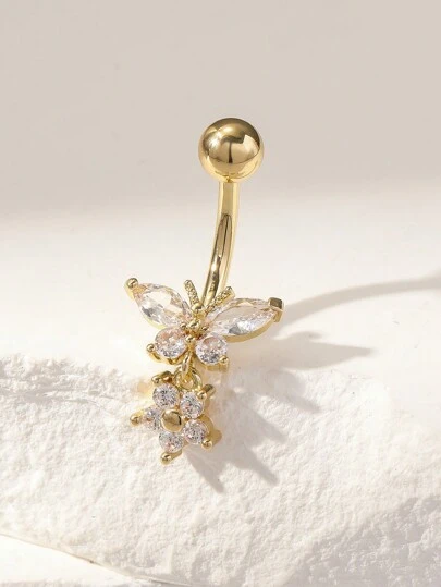 1pc Gold-Plated Copper Material Butterfly Belly Button Ring With Cubic Zirconia Decor, Suitable For Women For Valentine's Day, Thanksgiving Day, Halloween, Easter, Christmas, Bar, Beach Party, Birthday Gift And Daily Wear
