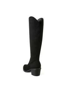 Knee High Boots Women, Pull On Zipper Chunky Heel Pointed Toe Western Cowgirl Cowboy Boots - 黑色/麂皮 - 查看 6