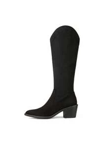 Knee High Boots Women, Pull On Zipper Chunky Heel Pointed Toe Western Cowgirl Cowboy Boots - 黑色/麂皮 - 查看 5