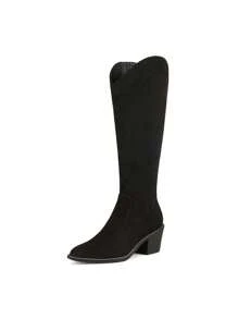 Knee High Boots Women, Pull On Zipper Chunky Heel Pointed Toe Western Cowgirl Cowboy Boots - 黑色/麂皮 - 查看 4