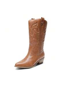 Women'S Cowboy Western Boots Pull On Cowgirl Boots Point Toe Embroidered Detail Chunky Heeled Mid Calf Boots Winter Christmas Valentine's Day Festive Black Boots - Lạc đà - Xem 5