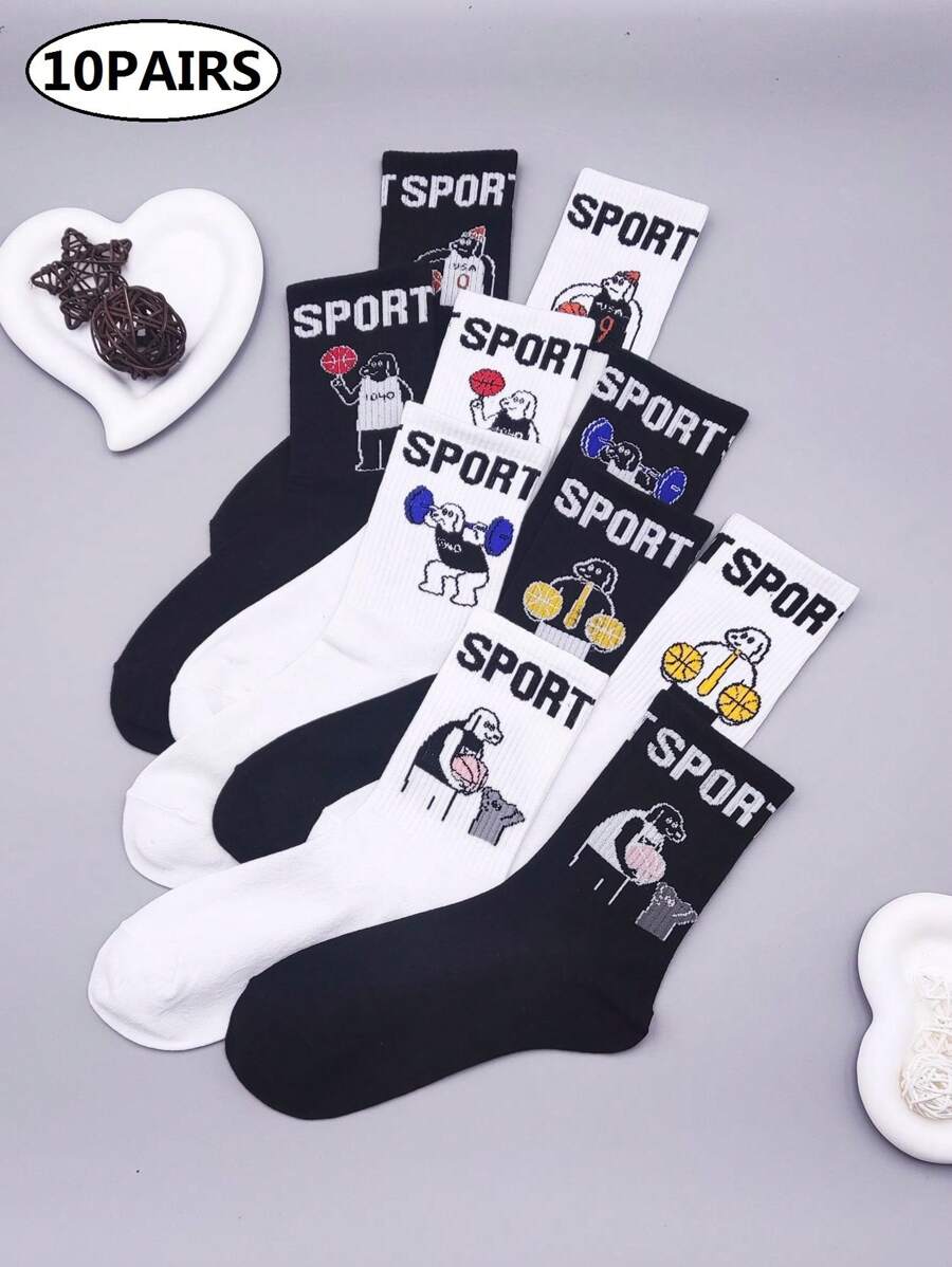 10pairs Letter Graphic Crew Socks - Black and White - View 1