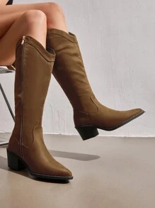 Knee High Boots Women, Pull On Zipper Chunky Heel Pointed Toe Western Cowgirl Cowboy Boots