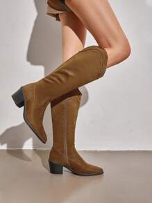 Knee High Boots Women, Pull On Zipper Chunky Heel Pointed Toe Western Cowgirl Cowboy Boots