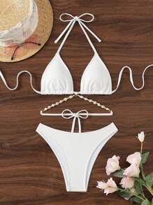 Premium Shell Decor Chain, Solid Color Nylon Fabric Triangle Bikini Set - White - View 1