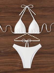 Premium Shell Decor Chain, Solid Color Nylon Fabric Triangle Bikini Set - White - View 3